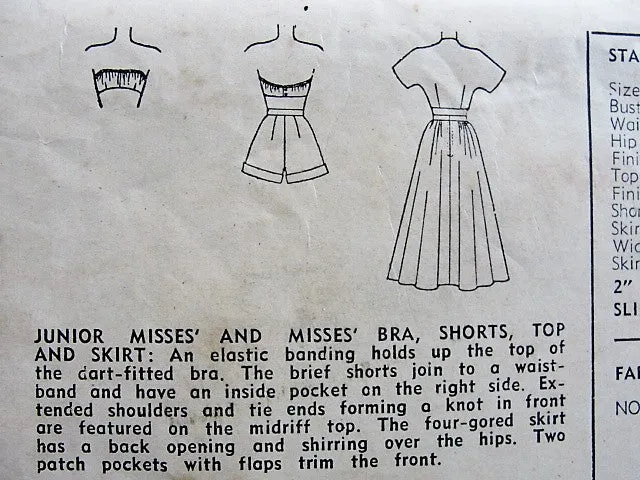 40s Beachwear Pattern SIMPLICITY 2871 Pin Up Style Bandeau Bra, Tie Front Blouse, High Waist Shorts and Full Skirt Bust 33 Vintage Sewing Pattern