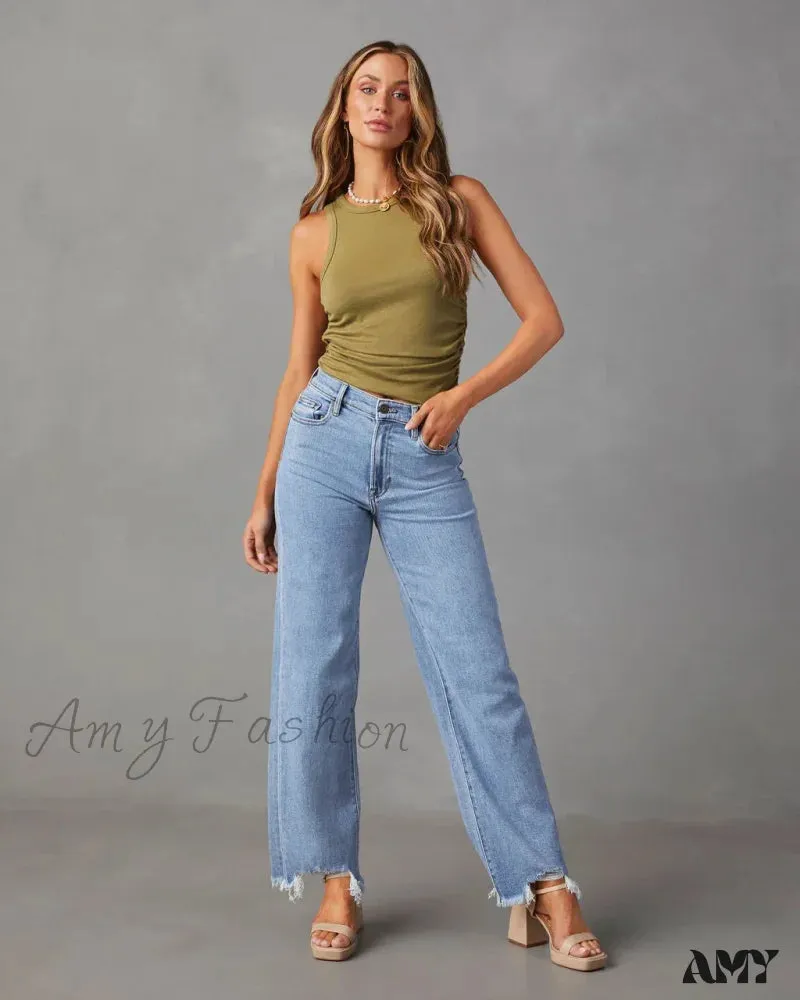 Amy Fashion - New Women's Women Simple Casual High Waist Wide-leg Trousers Irregular Tassels Women Streetwear All-match Female Pant Jean