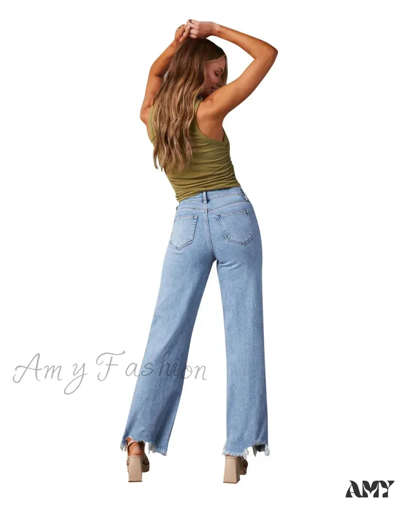 Amy Fashion - New Women's Women Simple Casual High Waist Wide-leg Trousers Irregular Tassels Women Streetwear All-match Female Pant Jean