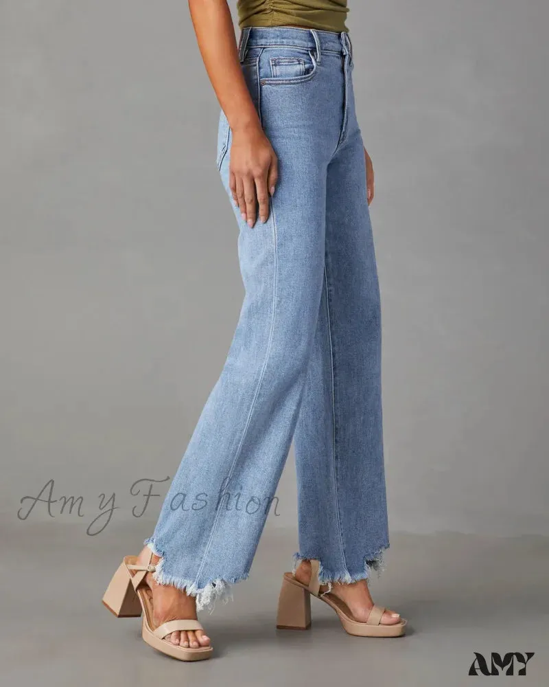 Amy Fashion - New Women's Women Simple Casual High Waist Wide-leg Trousers Irregular Tassels Women Streetwear All-match Female Pant Jean