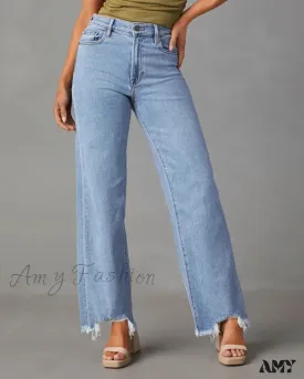 Amy Fashion - New Women's Women Simple Casual High Waist Wide-leg Trousers Irregular Tassels Women Streetwear All-match Female Pant Jean