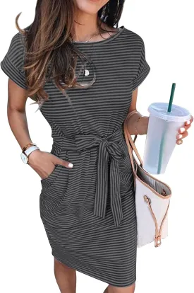 BAXLIMEK Midi Dresses for Women,2025 Summer Trendy Striped Casual Crewneck Short Sleeve T Shirt Dress Tie Waist with Pockets