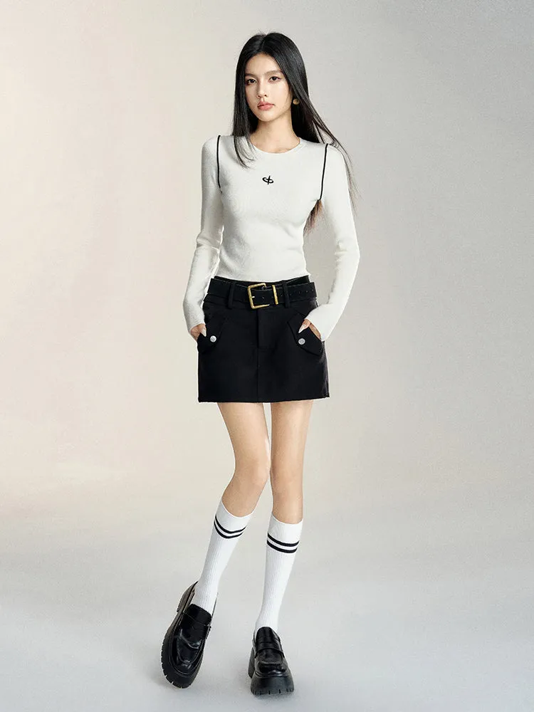 Black & Gray High Waist A-line Woolen Skirt