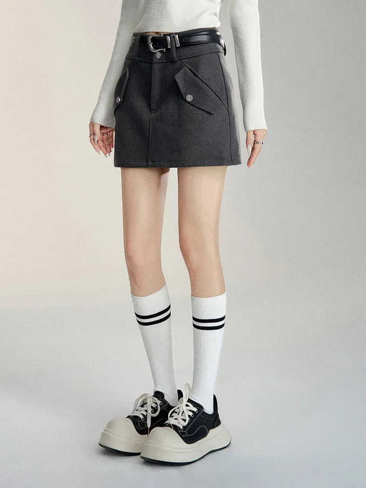 Black & Gray High Waist A-line Woolen Skirt