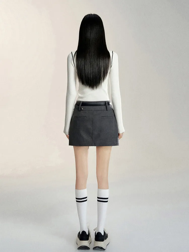 Black & Gray High Waist A-line Woolen Skirt
