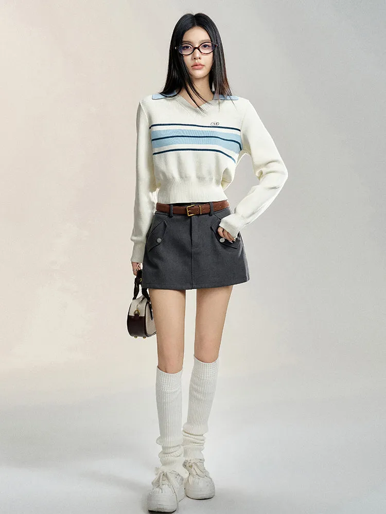 Black & Gray High Waist A-line Woolen Skirt