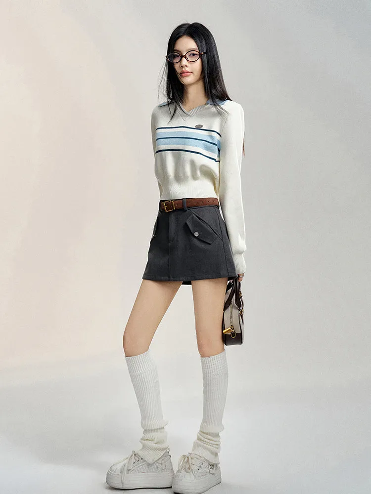 Black & Gray High Waist A-line Woolen Skirt