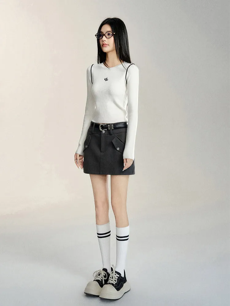 Black & Gray High Waist A-line Woolen Skirt
