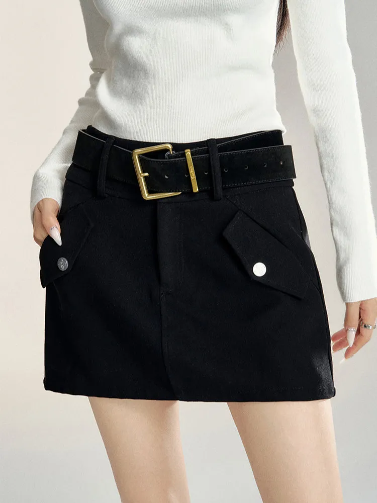 Black & Gray High Waist A-line Woolen Skirt