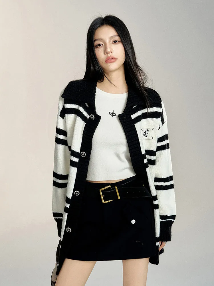 Black & Gray High Waist A-line Woolen Skirt