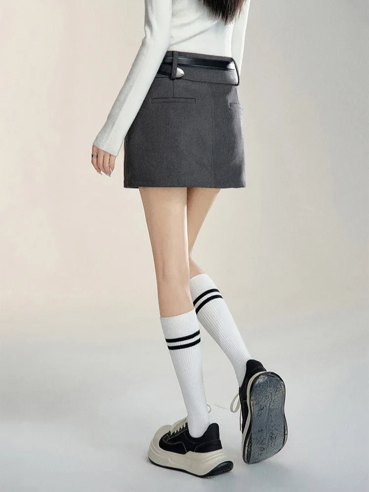 Black & Gray High Waist A-line Woolen Skirt