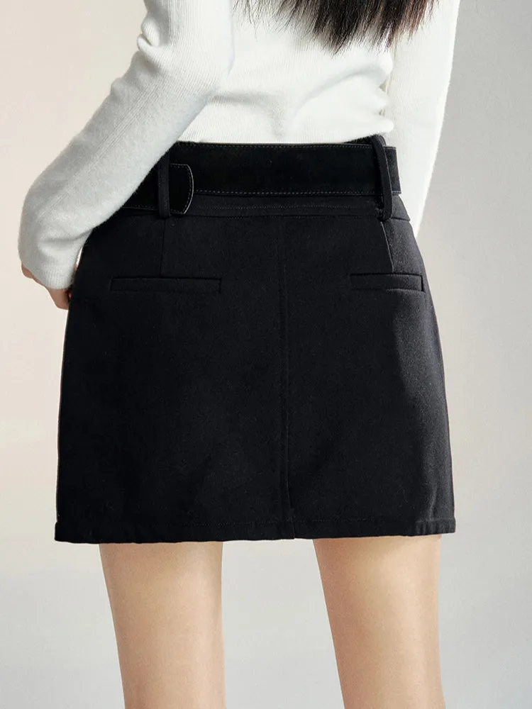 Black & Gray High Waist A-line Woolen Skirt