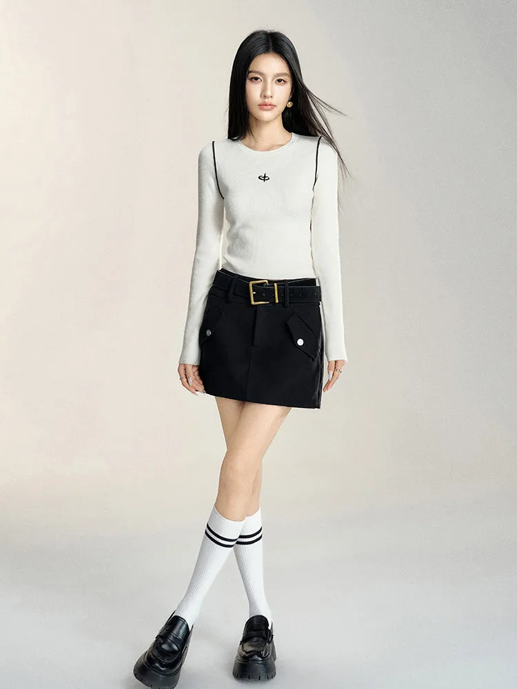Black & Gray High Waist A-line Woolen Skirt