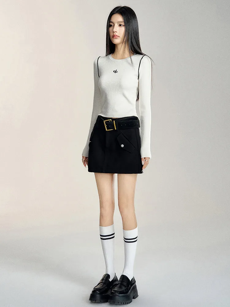 Black & Gray High Waist A-line Woolen Skirt