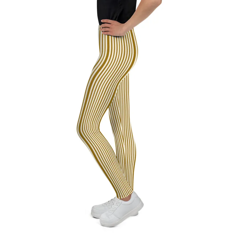 Brown Light Yellow Dense Stripe Print Youth Leggings Tight Pants- Made in USA/ EU
