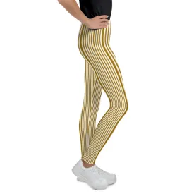 Brown Light Yellow Dense Stripe Print Youth Leggings Tight Pants- Made in USA/ EU