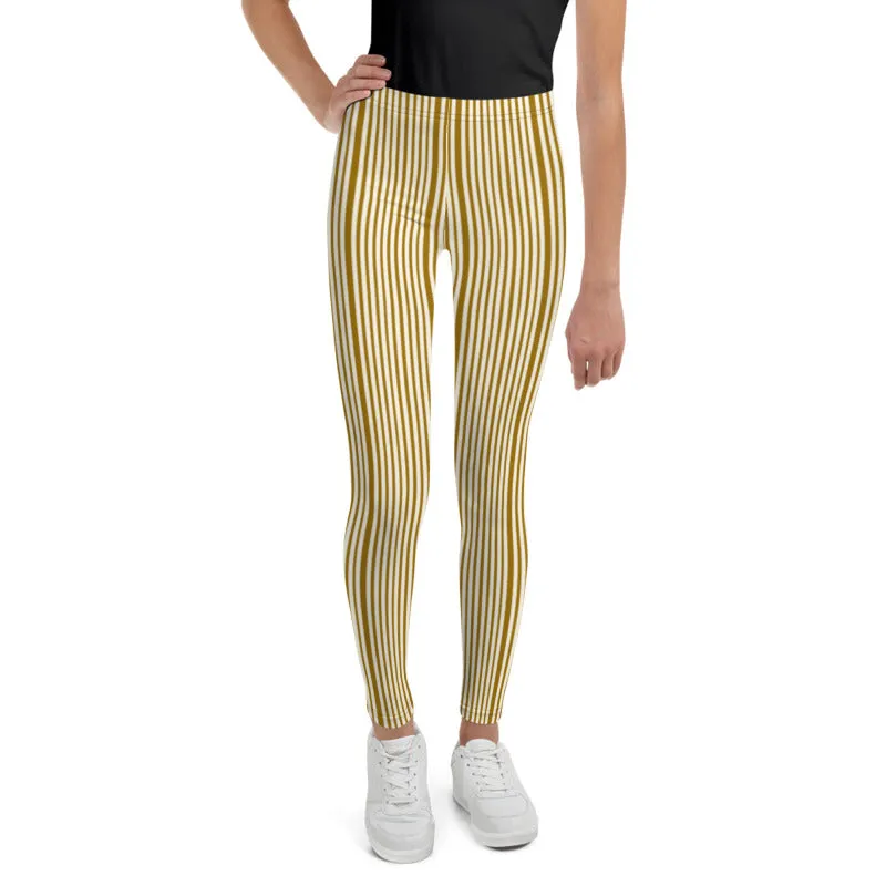 Brown Light Yellow Dense Stripe Print Youth Leggings Tight Pants- Made in USA/ EU
