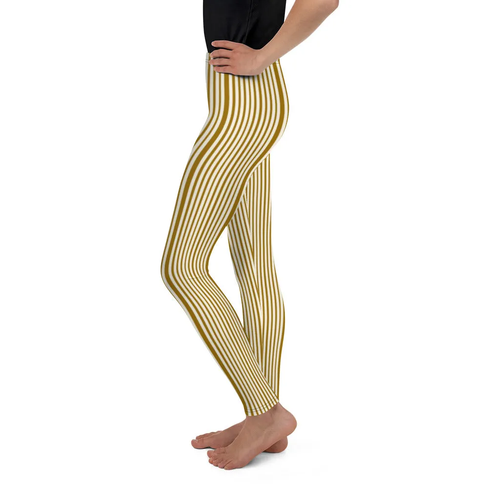 Brown Light Yellow Dense Stripe Print Youth Leggings Tight Pants- Made in USA/ EU