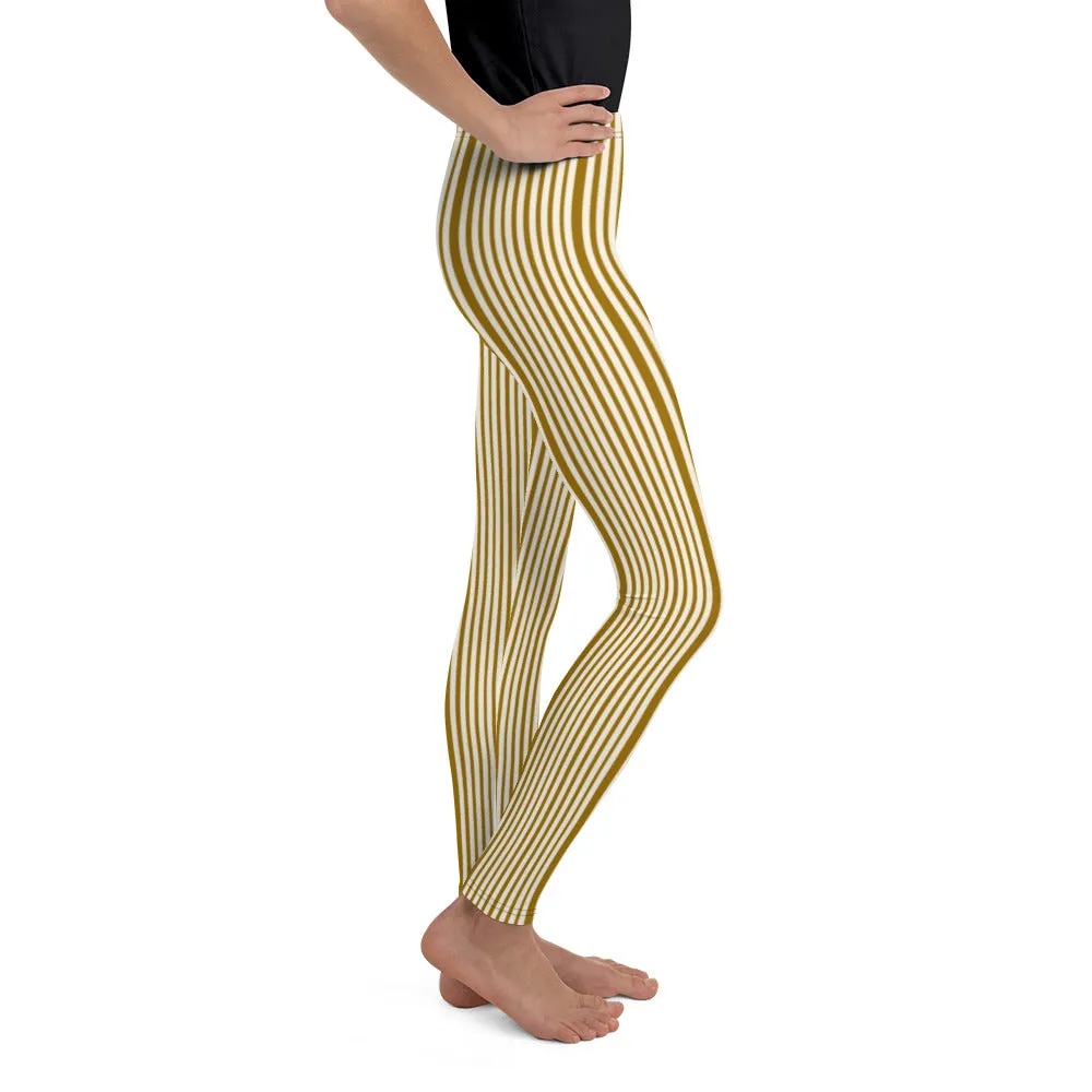 Brown Light Yellow Dense Stripe Print Youth Leggings Tight Pants- Made in USA/ EU
