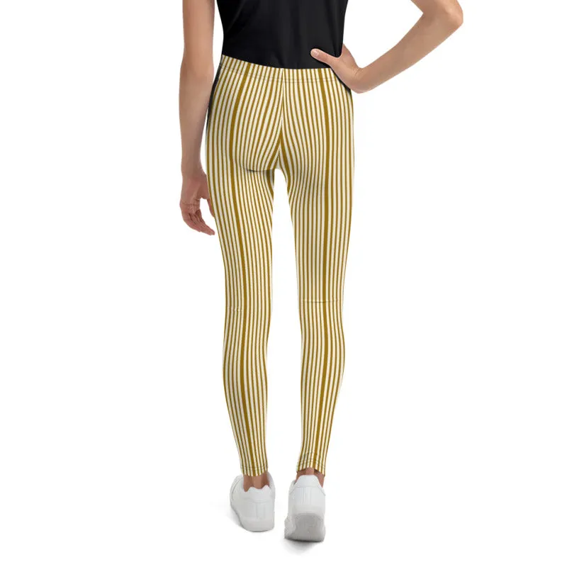 Brown Light Yellow Dense Stripe Print Youth Leggings Tight Pants- Made in USA/ EU