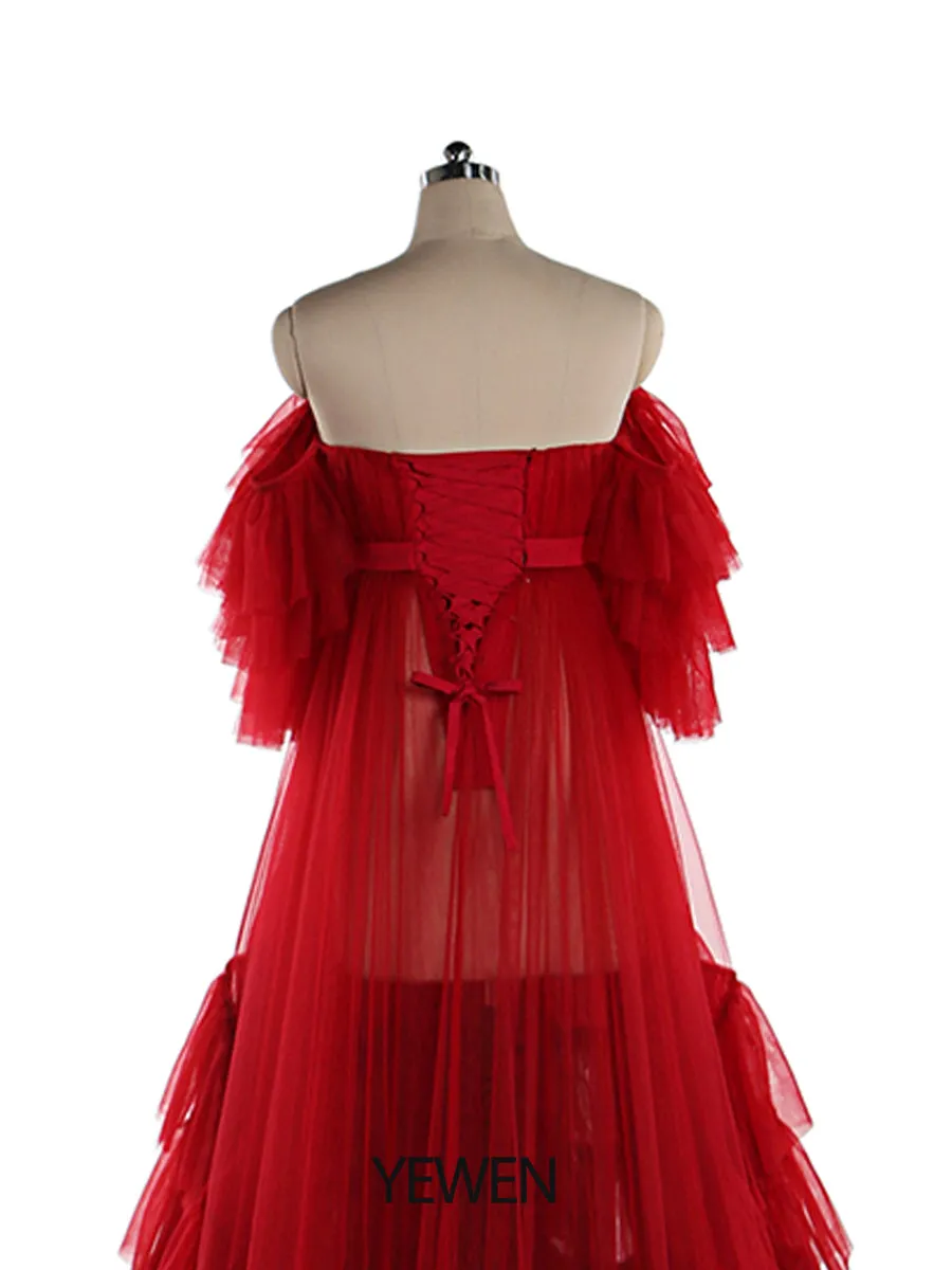 Burgundy Colored Wedding Dresses Long Ruffled Off The Shoulder Tiered Tulle Photo Shoot