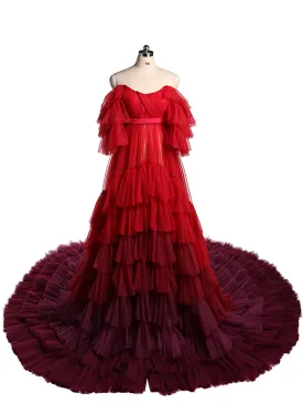Burgundy Colored Wedding Dresses Long Ruffled Off The Shoulder Tiered Tulle Photo Shoot
