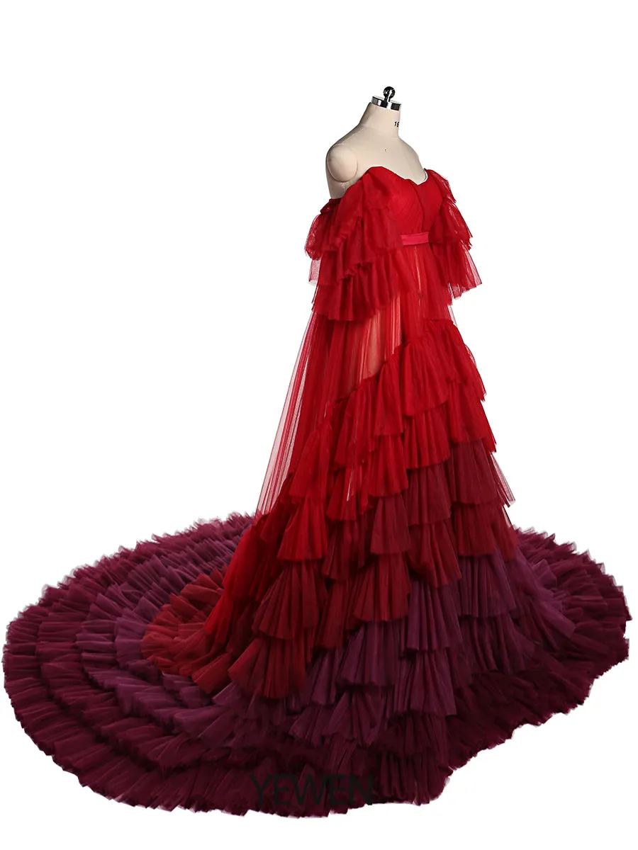 Burgundy Colored Wedding Dresses Long Ruffled Off The Shoulder Tiered Tulle Photo Shoot