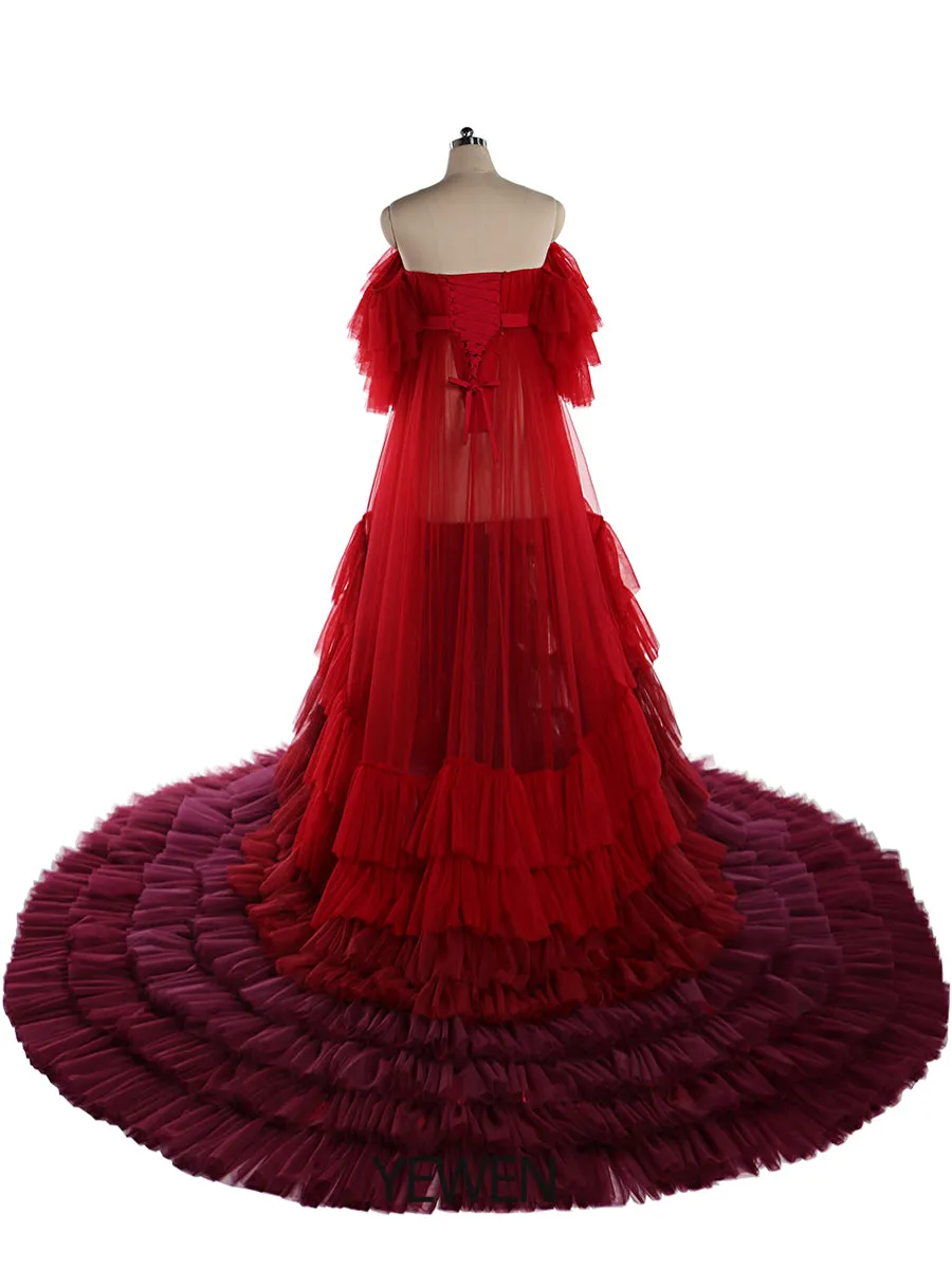 Burgundy Colored Wedding Dresses Long Ruffled Off The Shoulder Tiered Tulle Photo Shoot