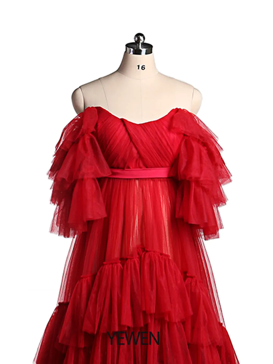 Burgundy Colored Wedding Dresses Long Ruffled Off The Shoulder Tiered Tulle Photo Shoot