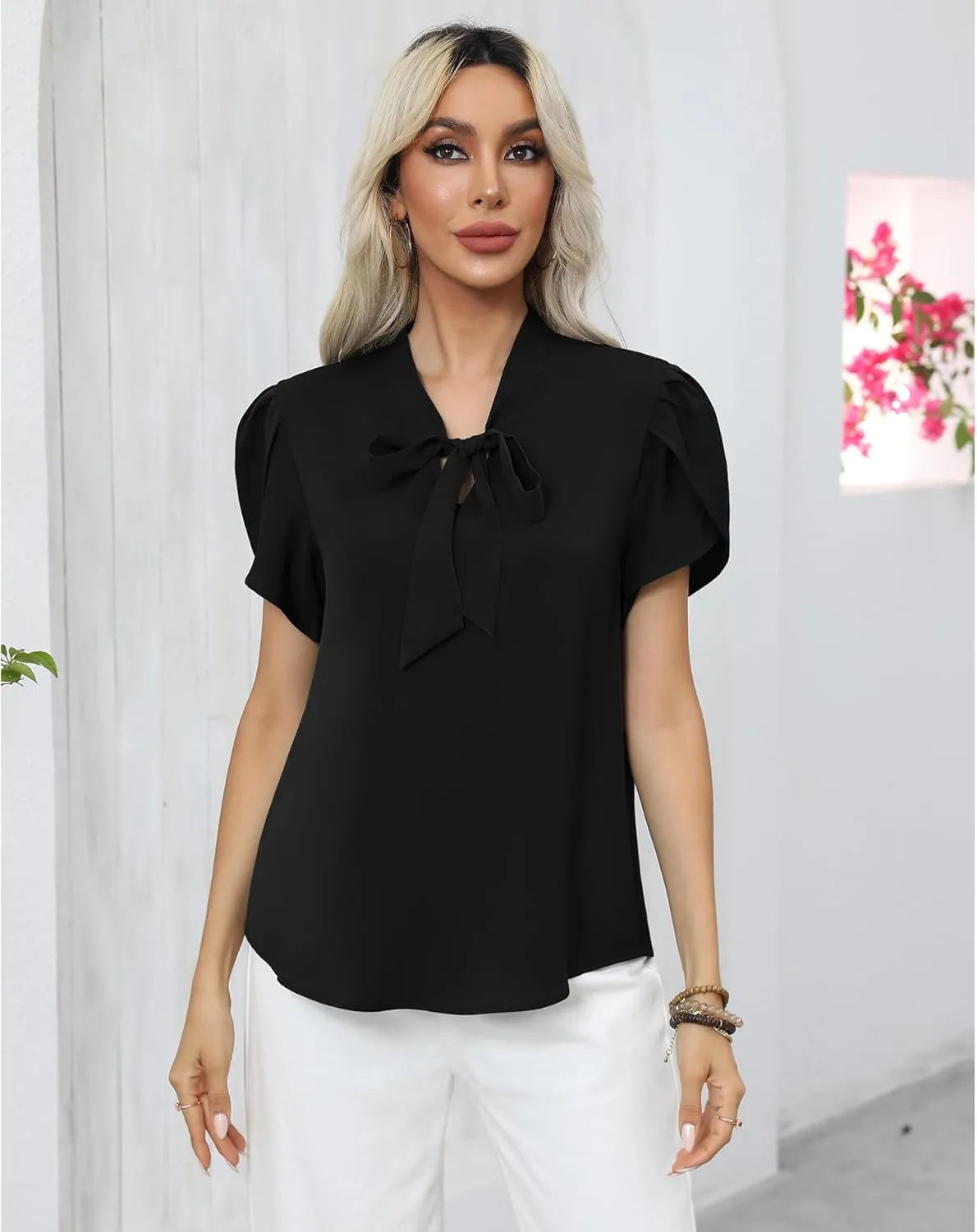 CZYINXIAN Women's Casual Petal Short Sleeve Chiffon Shirts Elegant Bow Tie Knot Business Top Blouse