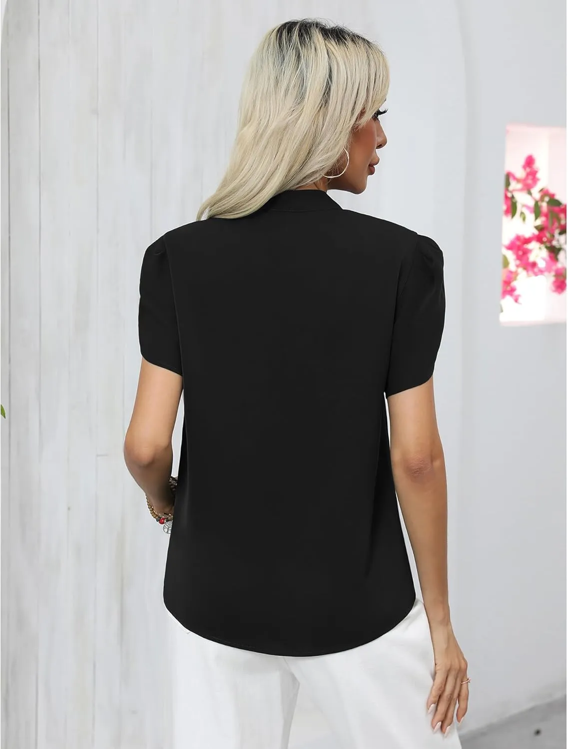CZYINXIAN Women's Casual Petal Short Sleeve Chiffon Shirts Elegant Bow Tie Knot Business Top Blouse