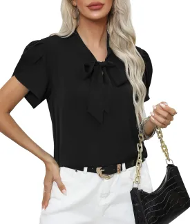 CZYINXIAN Women's Casual Petal Short Sleeve Chiffon Shirts Elegant Bow Tie Knot Business Top Blouse