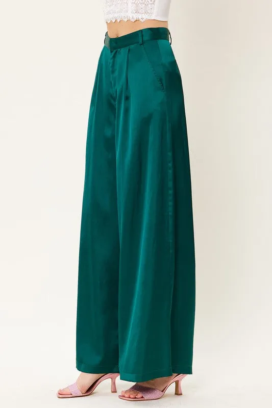 Deep Green Satin Wide Leg Trousers