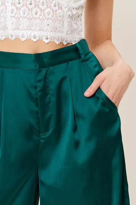 Deep Green Satin Wide Leg Trousers
