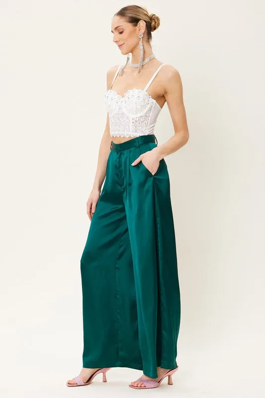 Deep Green Satin Wide Leg Trousers