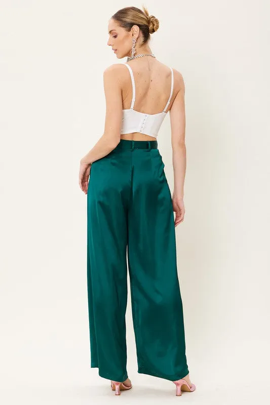 Deep Green Satin Wide Leg Trousers