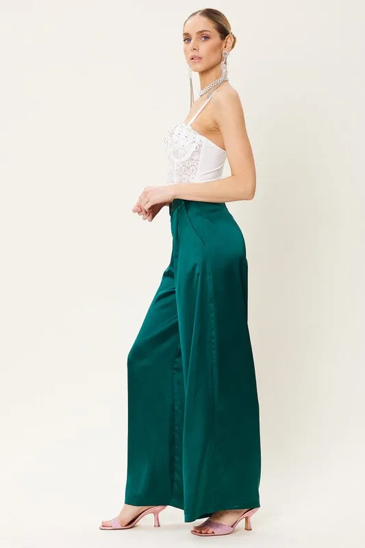Deep Green Satin Wide Leg Trousers
