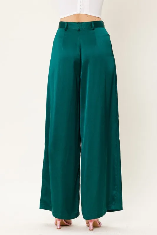 Deep Green Satin Wide Leg Trousers