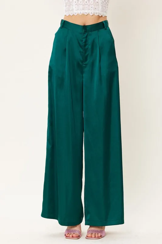 Deep Green Satin Wide Leg Trousers