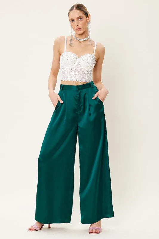Deep Green Satin Wide Leg Trousers