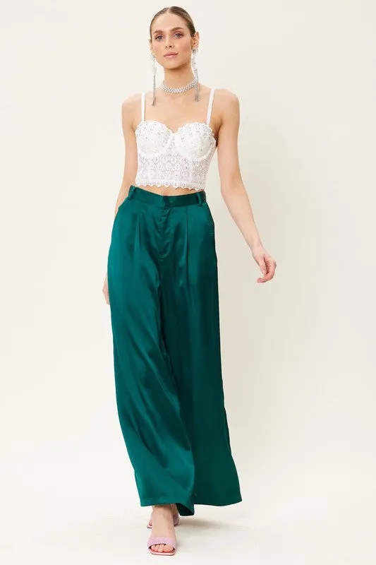 Deep Green Satin Wide Leg Trousers