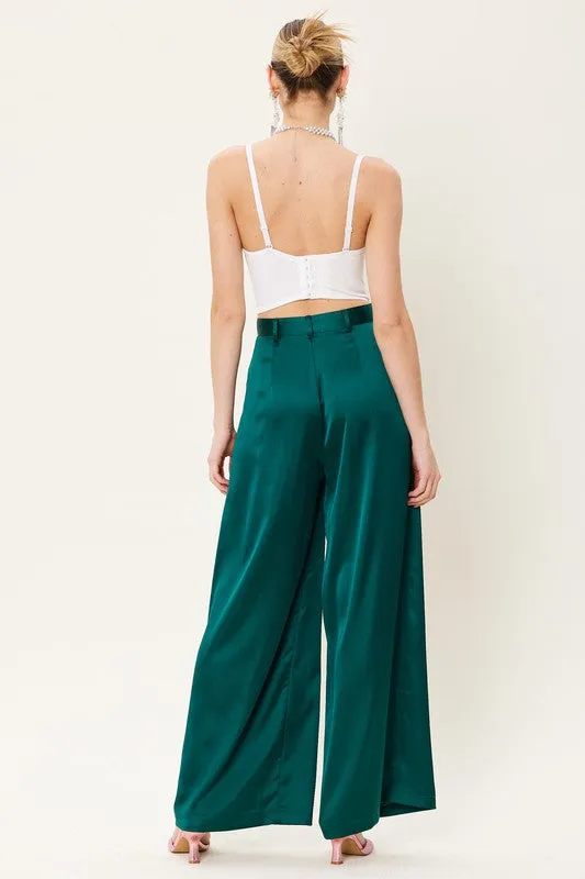 Deep Green Satin Wide Leg Trousers
