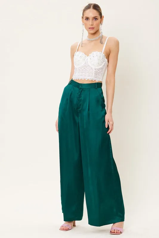 Deep Green Satin Wide Leg Trousers