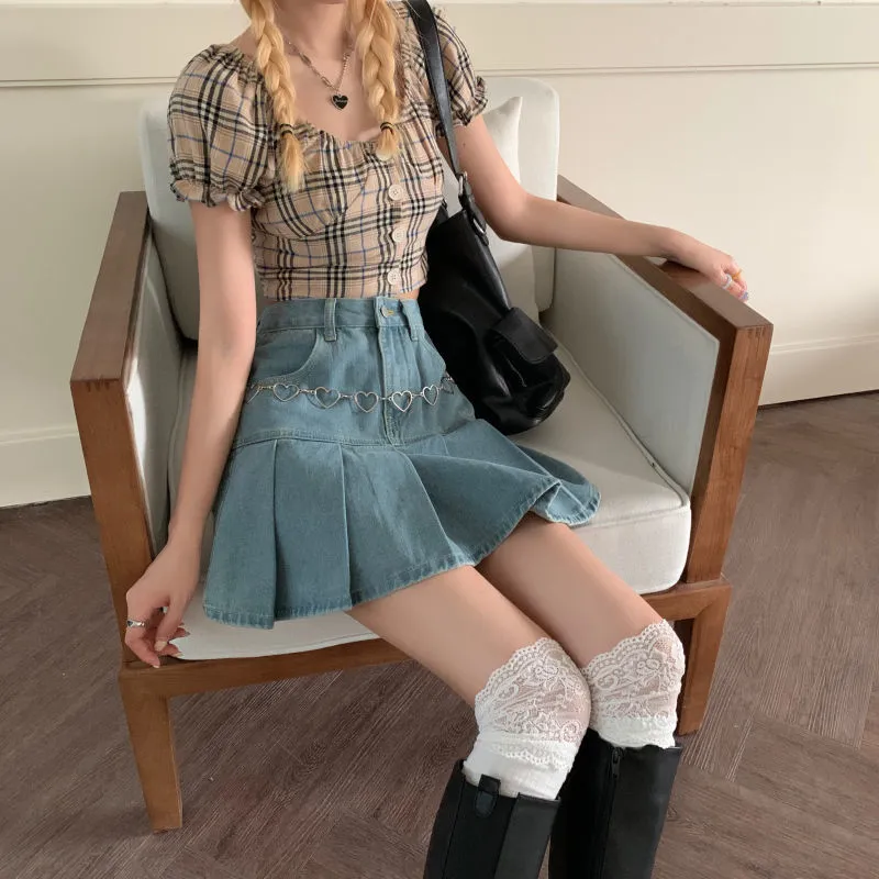 Denim A-Line Skirt With Pleated Hem