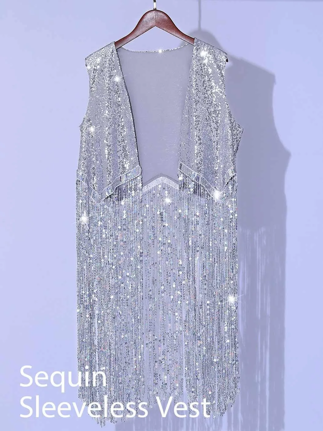 Edary Women's Sequin Fringe Sleeveless Vest Sparkly Tassel Open Front Waistcoat Jackets Glitter Party New Years Vests Coat