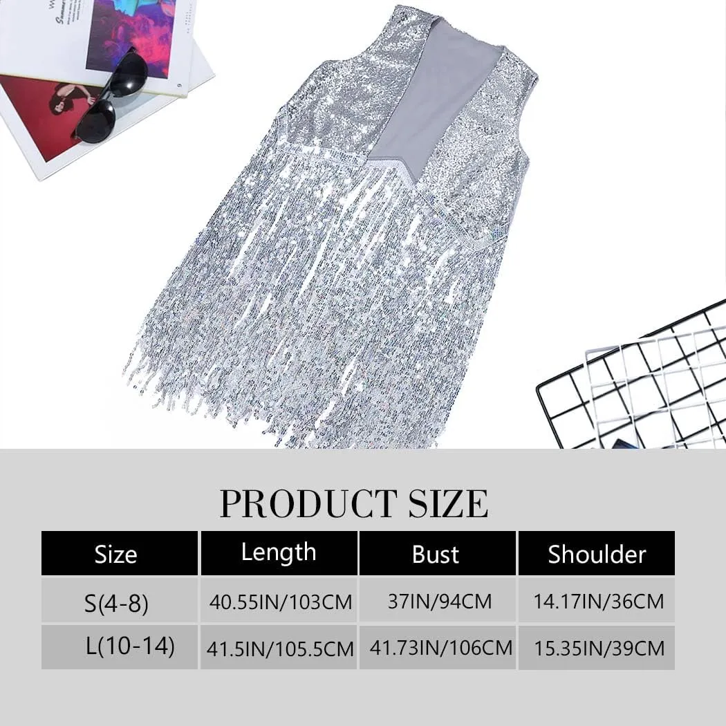 Edary Women's Sequin Fringe Sleeveless Vest Sparkly Tassel Open Front Waistcoat Jackets Glitter Party New Years Vests Coat