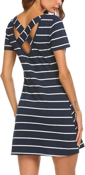 Feager Women's Casual Striped Criss Cross Short Sleeve T Shirt Dress