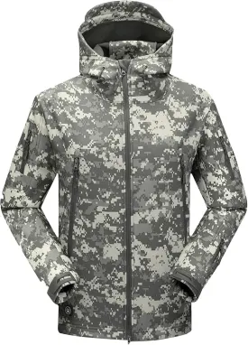 Finelylove Men's Military Tactical Jacket Camo Fleece Lined Softshell Rain Jacket Waterproof Raincoat for Hunting Hiking