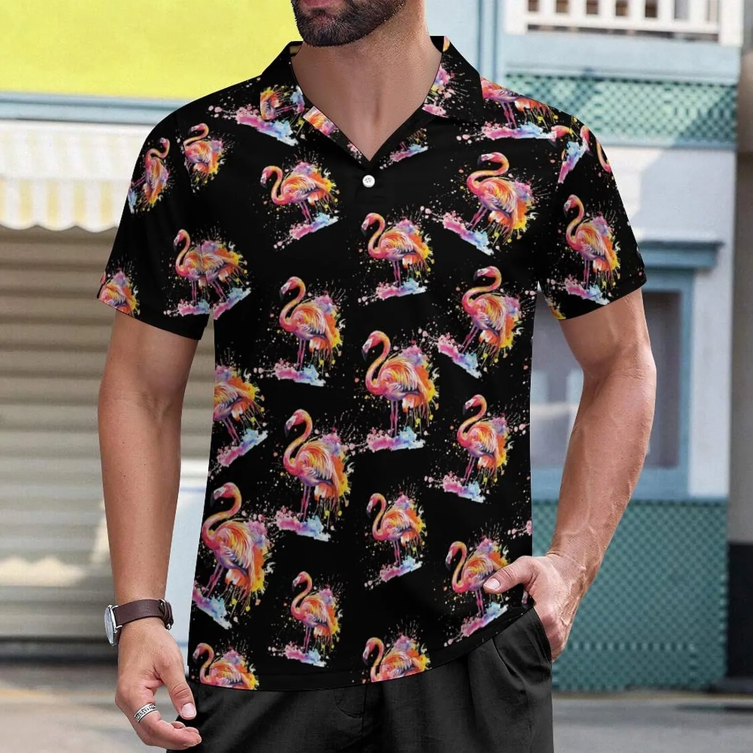 Flamingo Watercolor Mens Polo Shirts Short Sleeve Mesh Gym T-Shirt Summer Tee Top