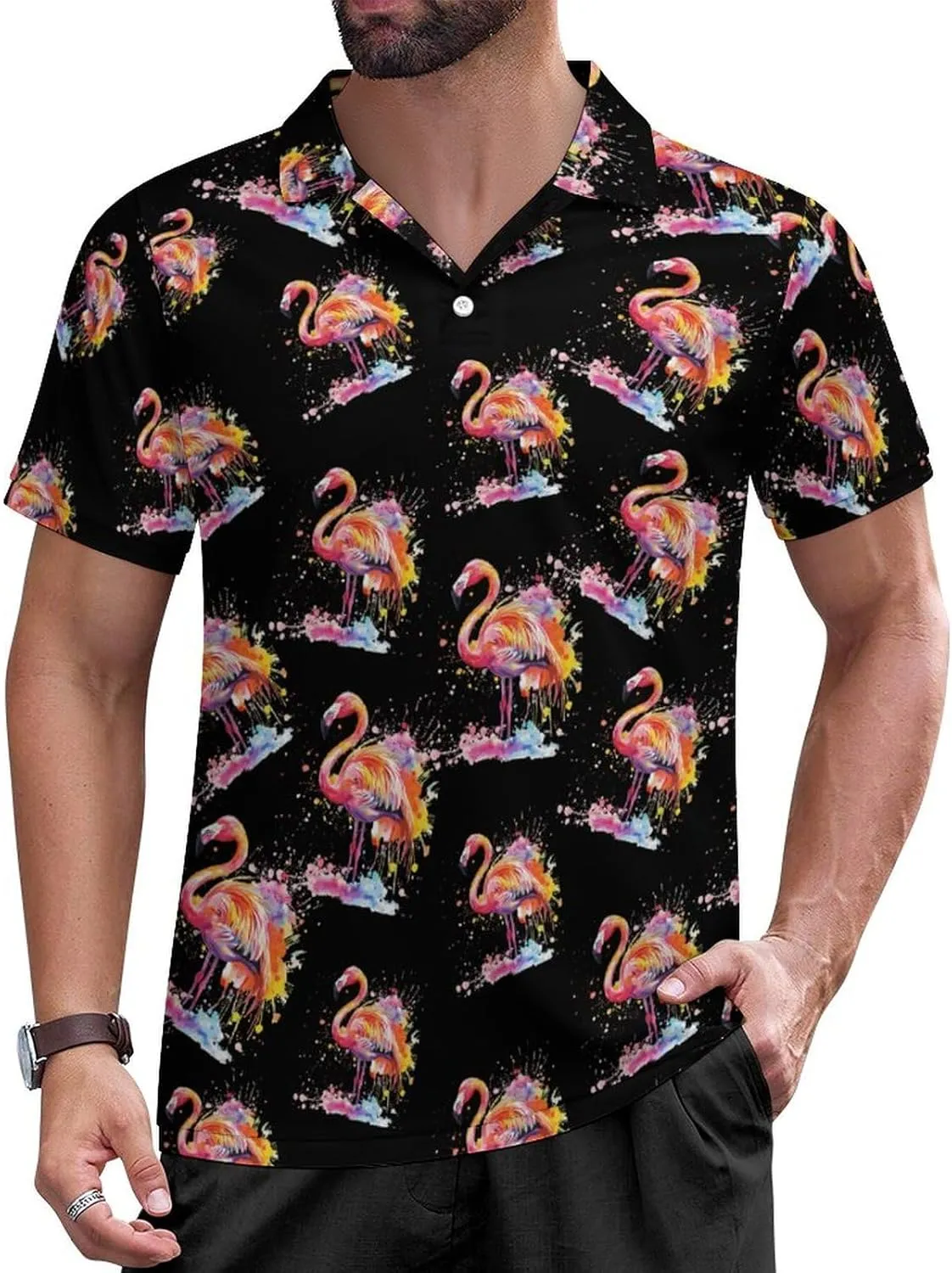 Flamingo Watercolor Mens Polo Shirts Short Sleeve Mesh Gym T-Shirt Summer Tee Top